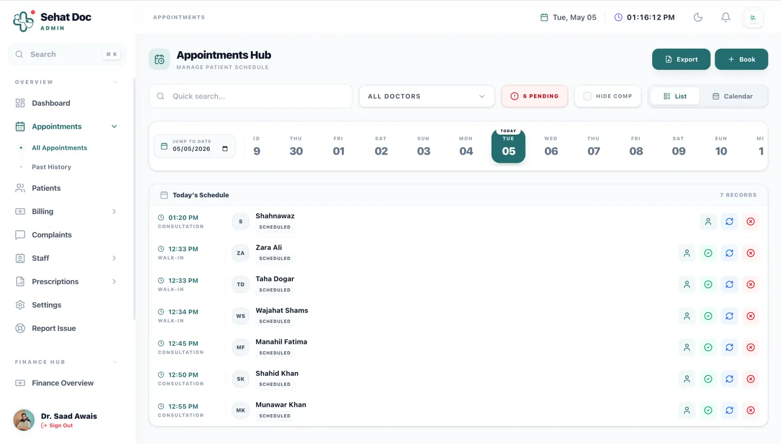 The SehatDoc appointment hub, showing the day's booked patients, walk-ins and the live clinic queue