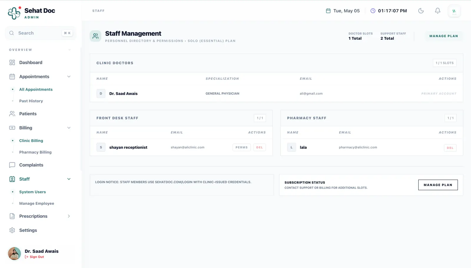 The SehatDoc staff management screen with per-role permissions for doctors, reception and pharmacy